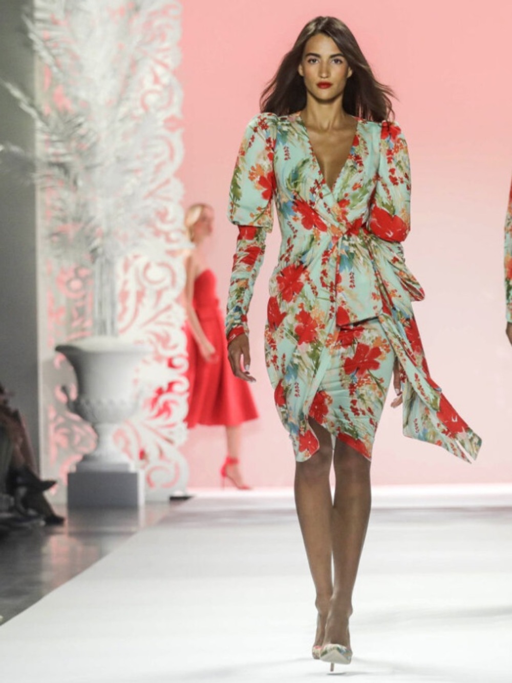 Badgley Mischka Mint Floral Wrap Dress with Red Accents